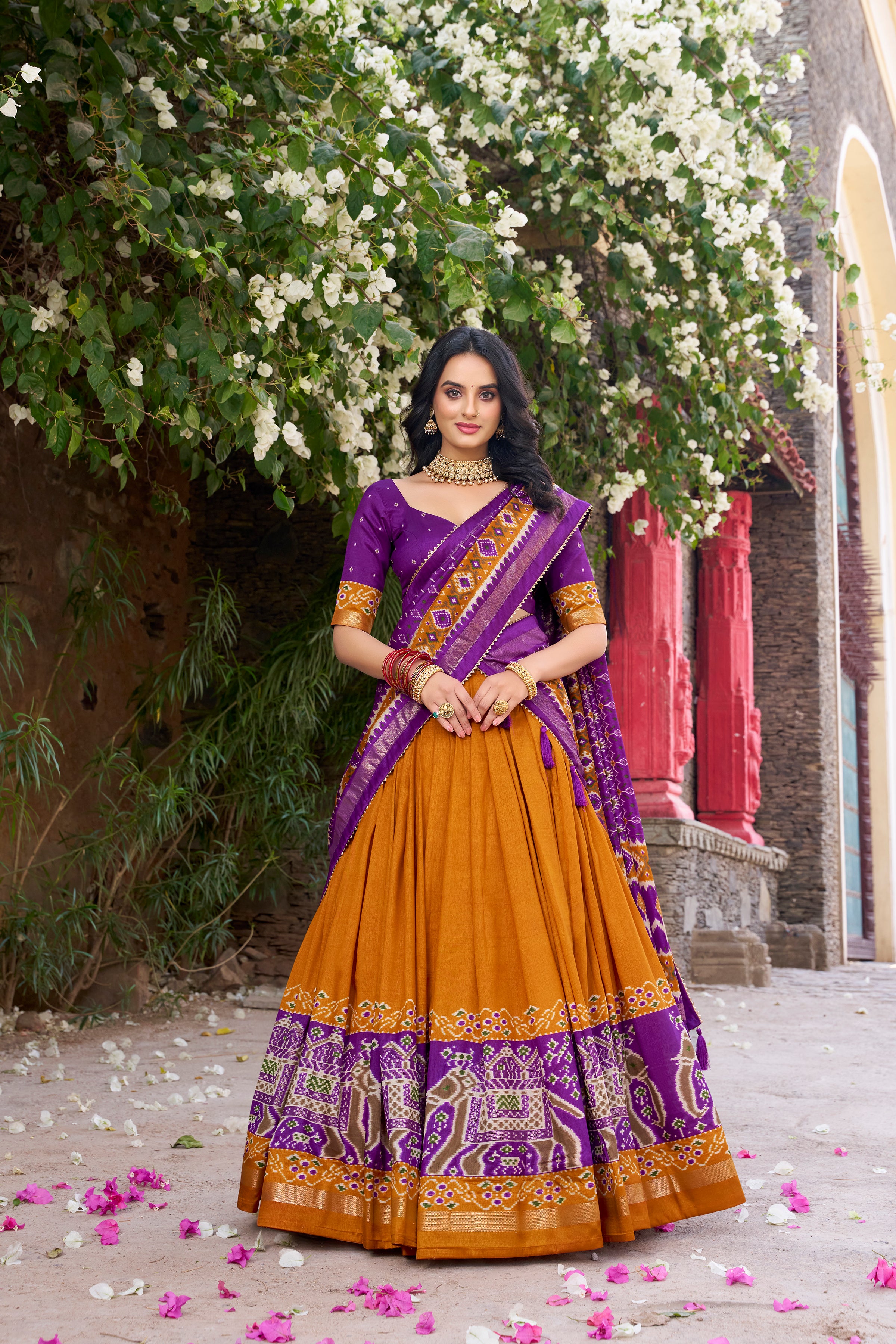 πͺ· Infuse Your Wardrobe with Southern Grace πͺ· Silk Kalamkari Print Lehenga Choli with Foil Work Border - Navratri
